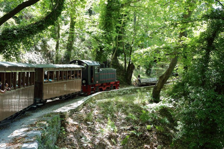 A small steam train with wooden carriages on a curve of the narrow-gauge line through forest