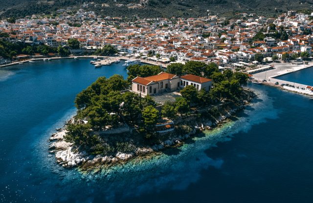 Bourtzi, a tiny peninsula devides Skiathos port.