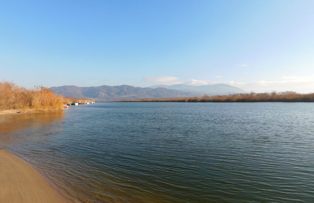 Calm wide water beside a sandy bank, with golden reeds and mountains in the distance