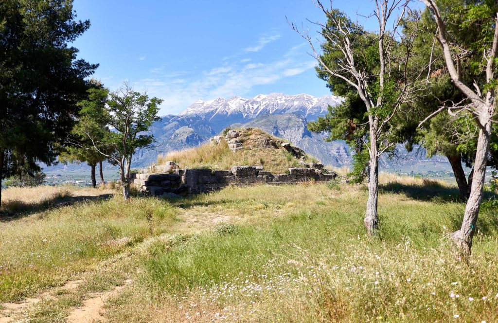 Stone platform of an ancient sanctuary on a grassy hilltop among trees, with snow-capped mountains behind