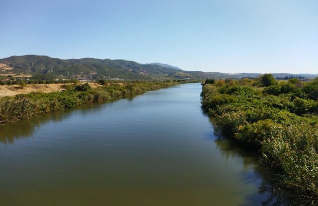 Calm river between green banks with reeds, with low hills on the horizon under a clear sky