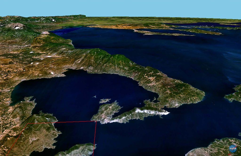 Satellite-based perspective view of the hook-shaped Pelion peninsula between the Pagasetic Gulf and the Aegean Sea