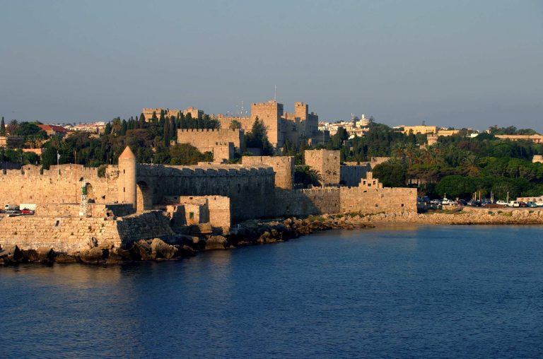 The city walls and the Palace of the Grand Master in the dawn light, Rhodes.