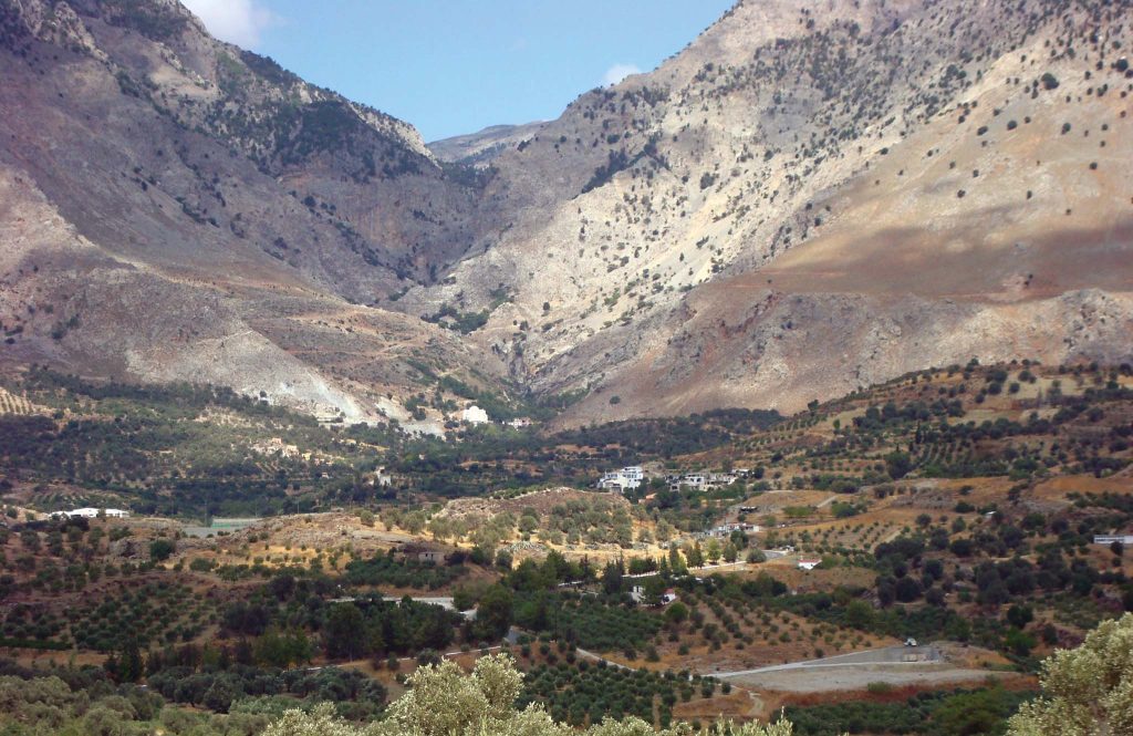 Village houses among olive groves at the mouth of a gorge between bare mountain slopes