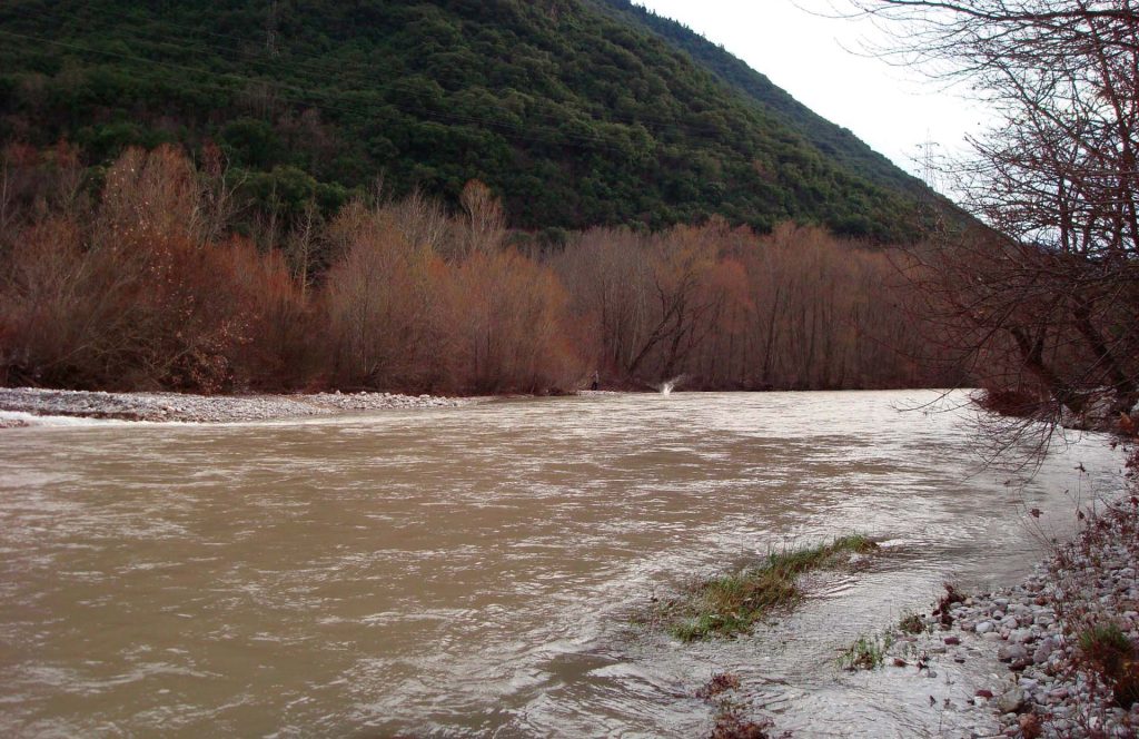 Wide river with brown water and a gravel bank, below a green hill and bare reddish trees