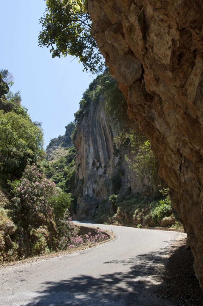Road passing under an overhanging rock wall, with trees and cliffs beside it