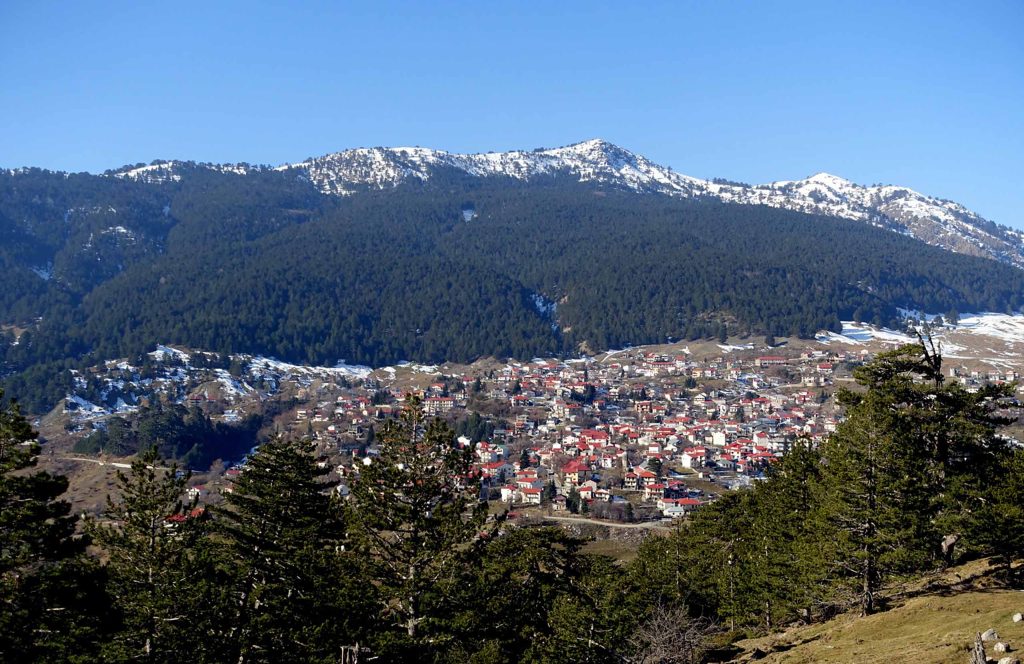 The village of Samarina spread across a slope, with forest and snow-dusted ridges of Mount Smolikas behind