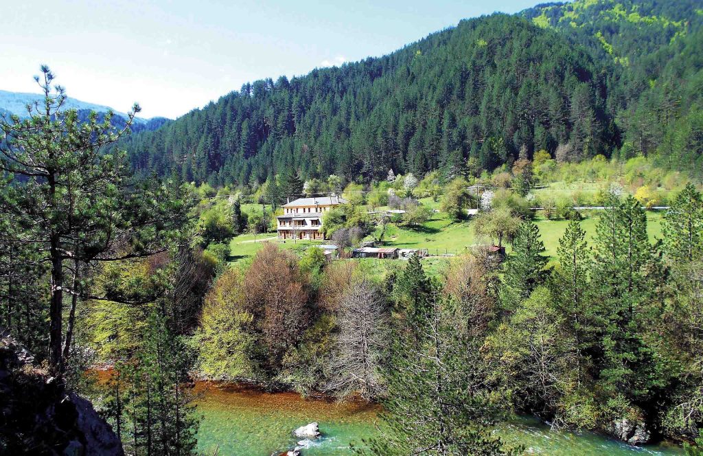 Small building in a green valley with a stream, surrounded by pine trees and forested slopes