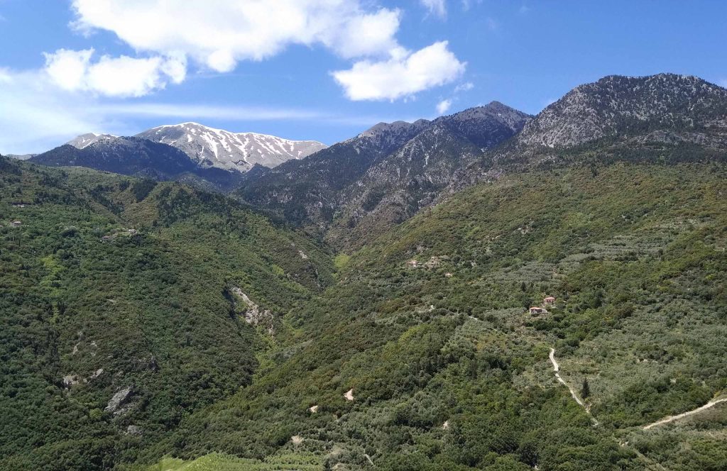 Green forested slopes rising to rocky peaks with snow, under a blue sky with clouds