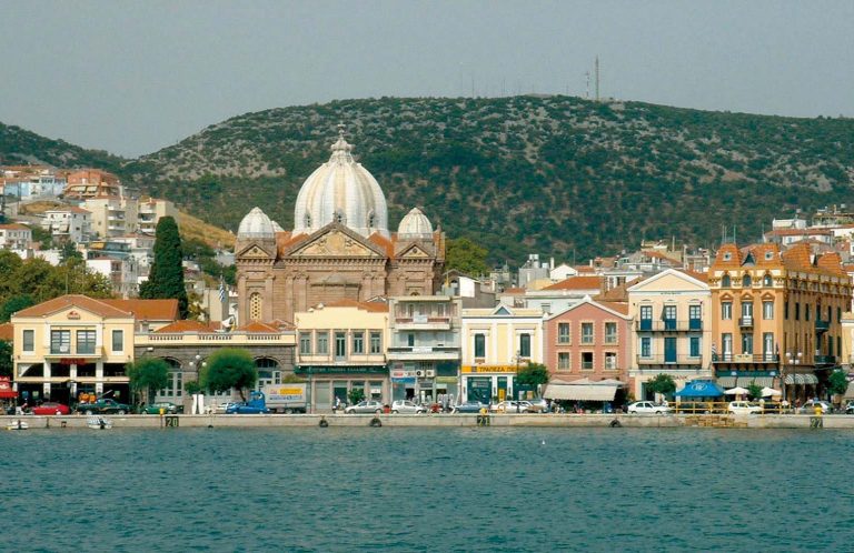 View of the port of Mytilini, with the dome of Saint Therapon.
